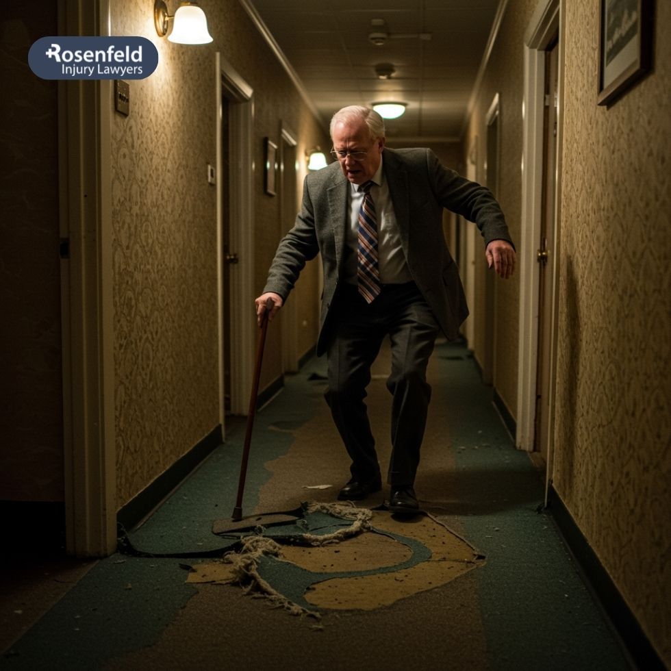 Slip and fall incident in a hotel lobby due to a wet floor.