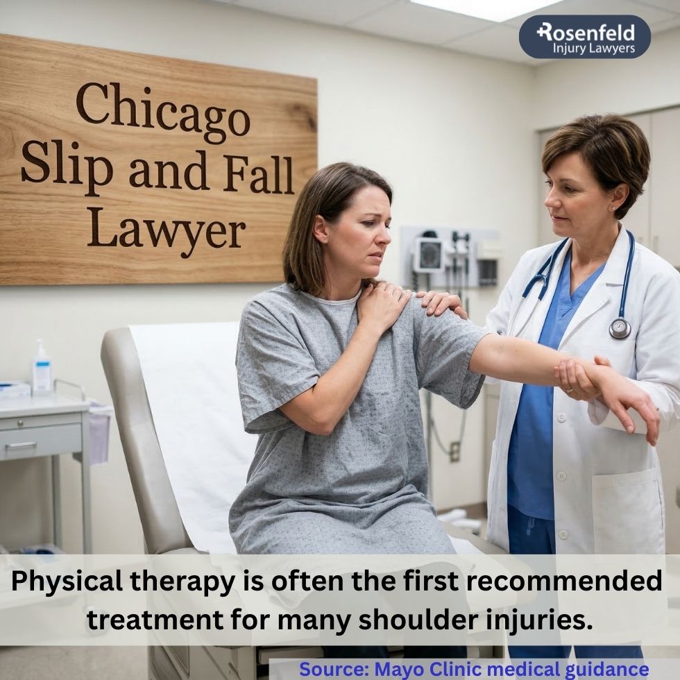 Shoulder joint injury from a slip and fall receiving medical evaluation and treatment in hospital.