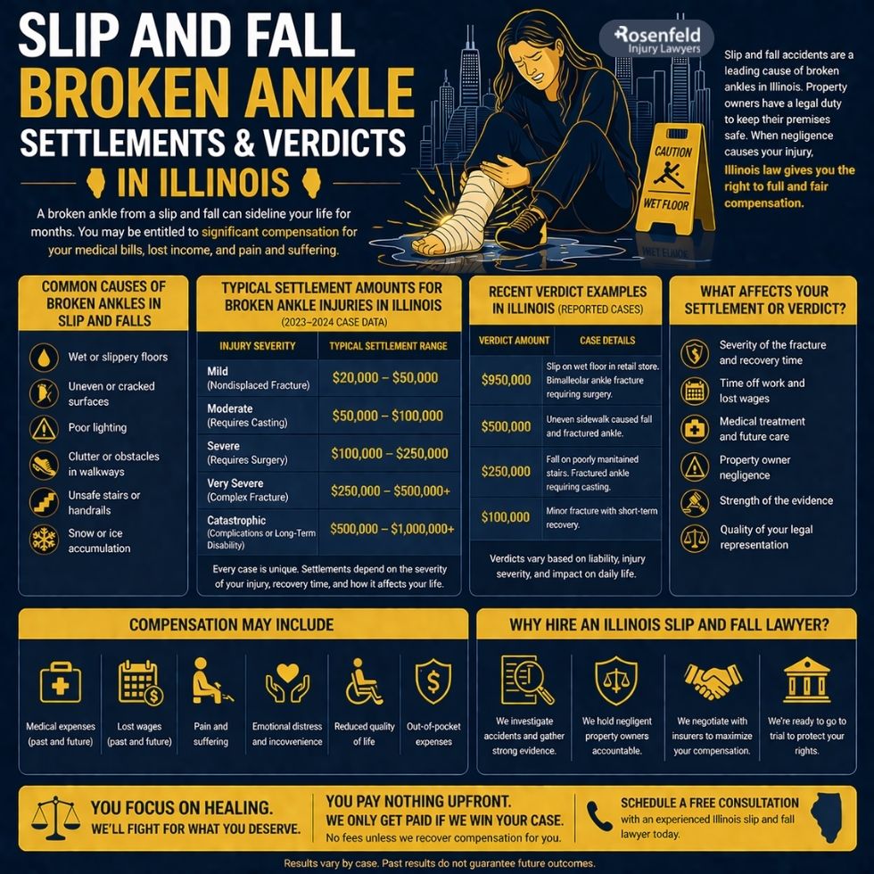 Chicago slip and fall settlement claim for a broken ankle with evidence of swelling, mobility limits, and medical treatment