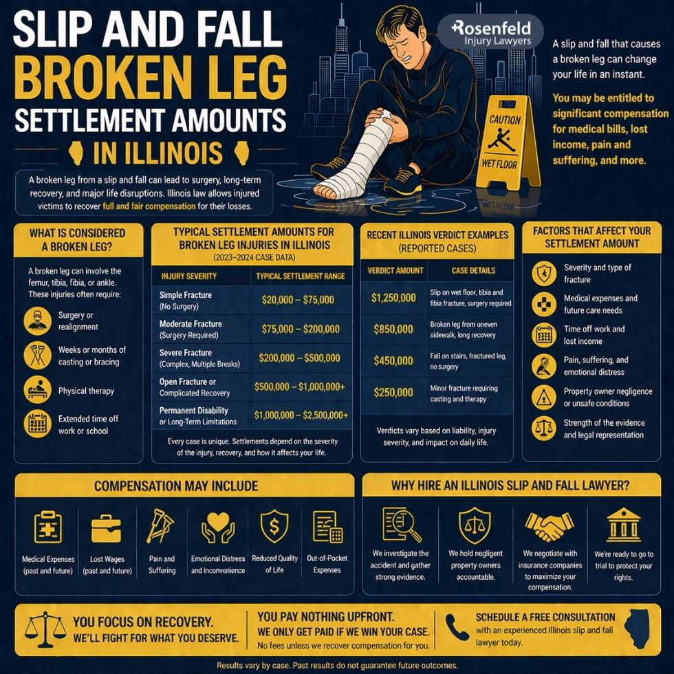 Chicago slip and fall lawyer reviewing a broken leg injury claim with medical records and proof of negligence