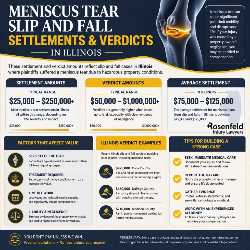 Chicago slip and fall meniscus injury settlement involving surgery, rehabilitation, and time away from work