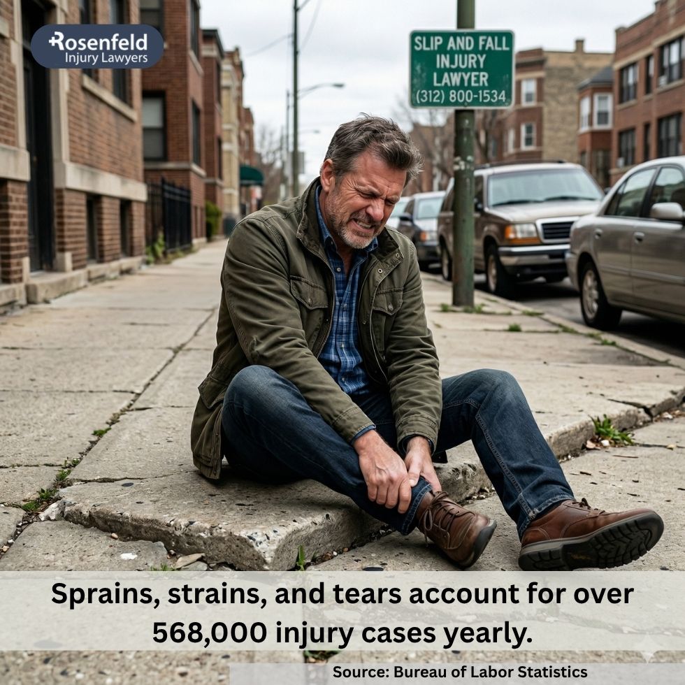 Chicago slip and fall victim with a sprained ankle, medical bills, and ongoing treatment after a fall accident
