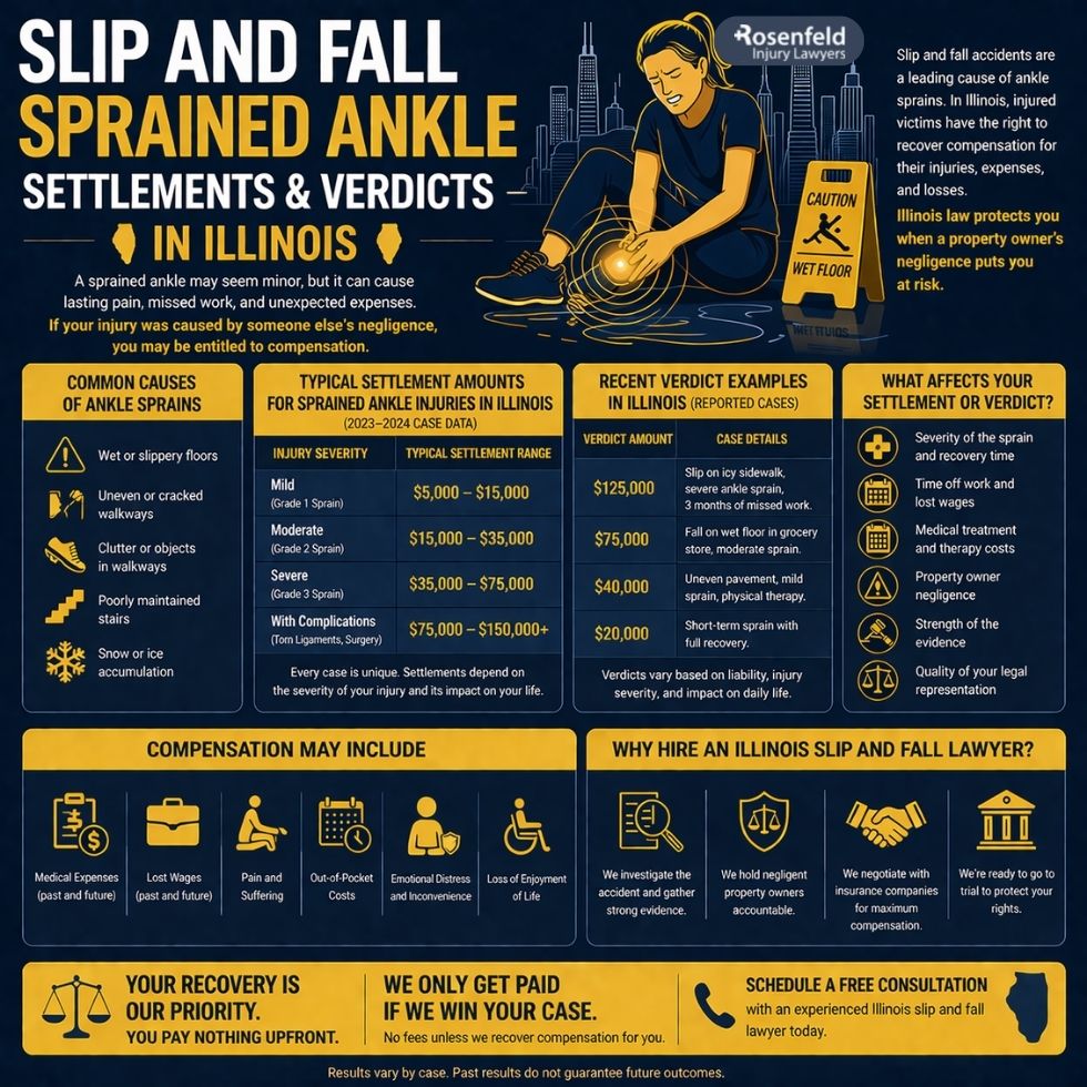 Chicago slip and fall settlement claim for a sprained ankle with evidence of swelling, mobility limits, and medical care