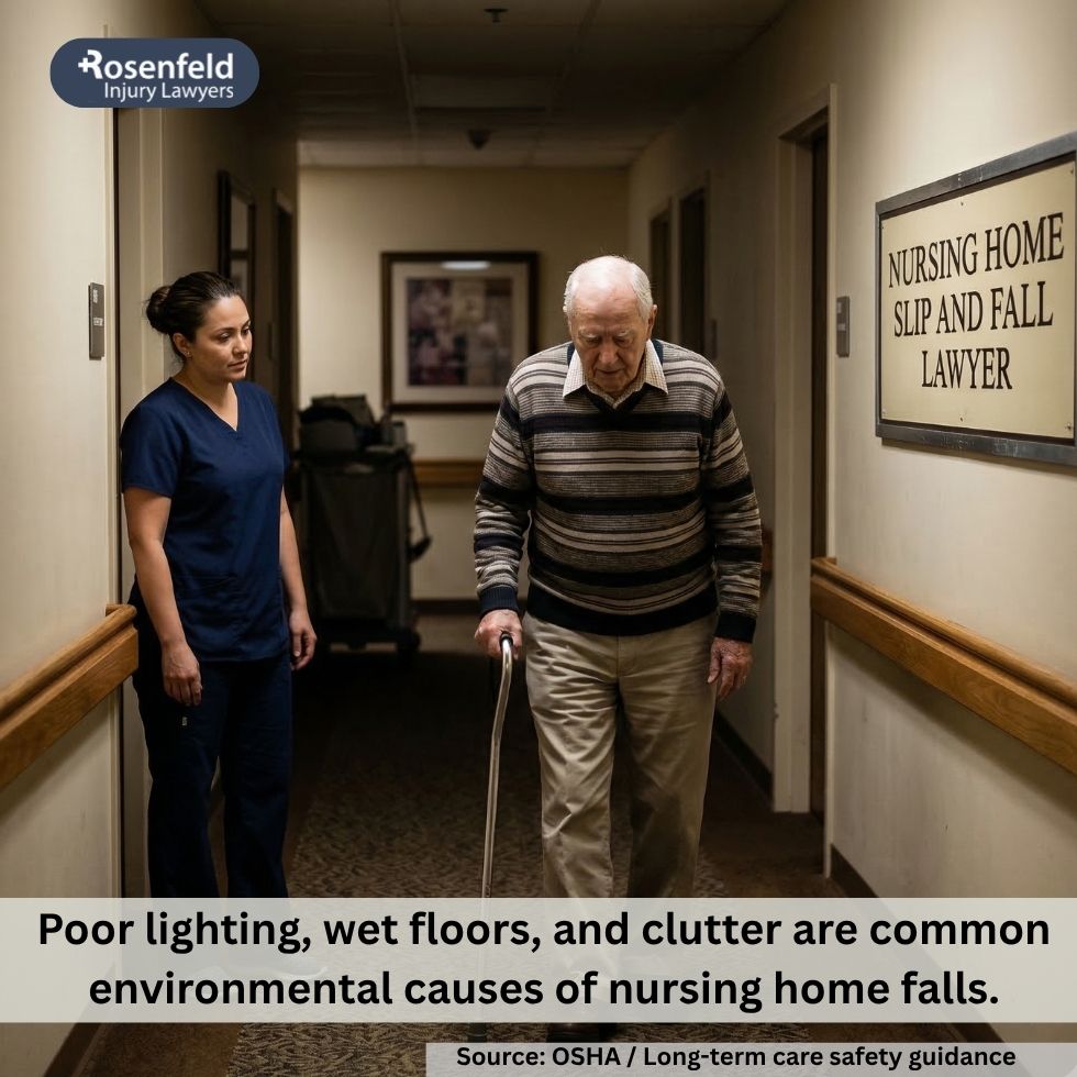 Contributing factors like inadequate lighting that lead to falls in assisted living facilities.