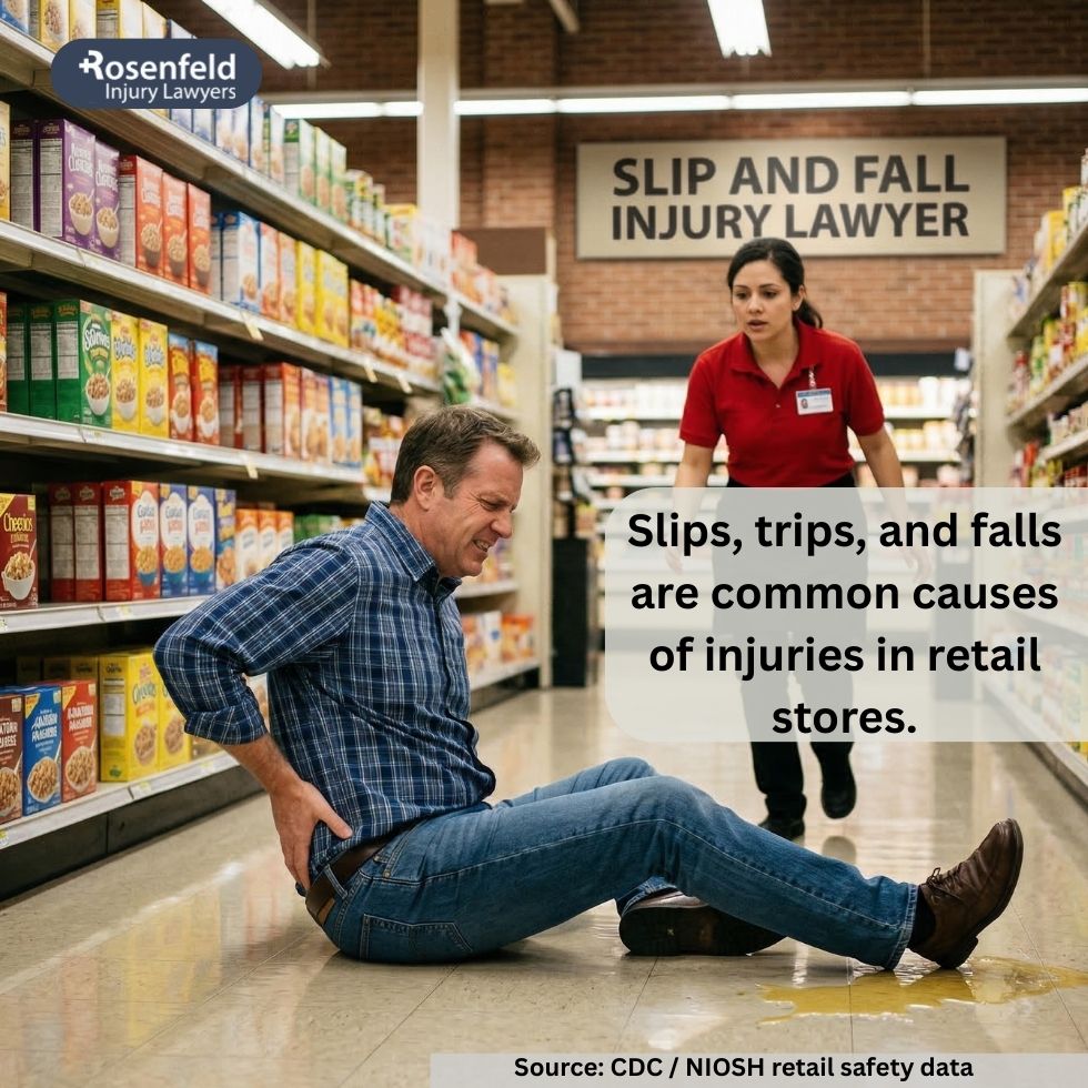 Slip and fall in a grocery store aisle with spilled liquid.
