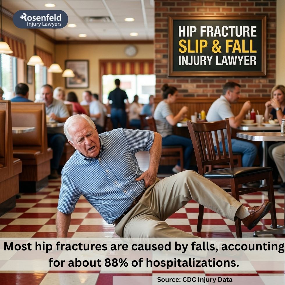 Hip injuries sustained in a grocery store slip due to wet floors.