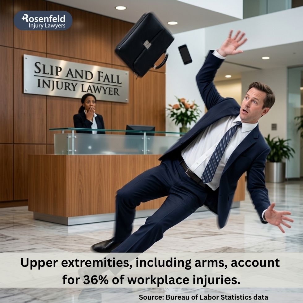 Illinois slip and fall lawyer reviewing a broken arm claim with medical records and proof of negligence