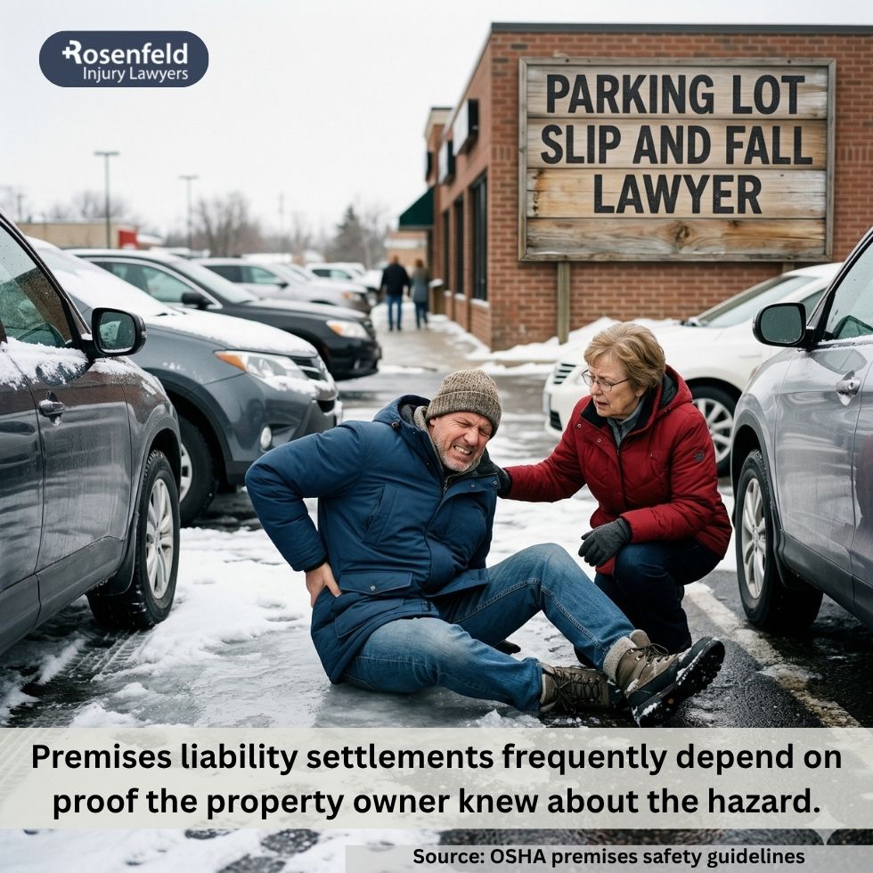 Slip and fall accident occurs due to hazardous parking lot conditions.