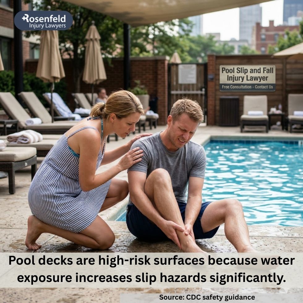 Algae growth on pool tiles creating a dangerous fall hazard.