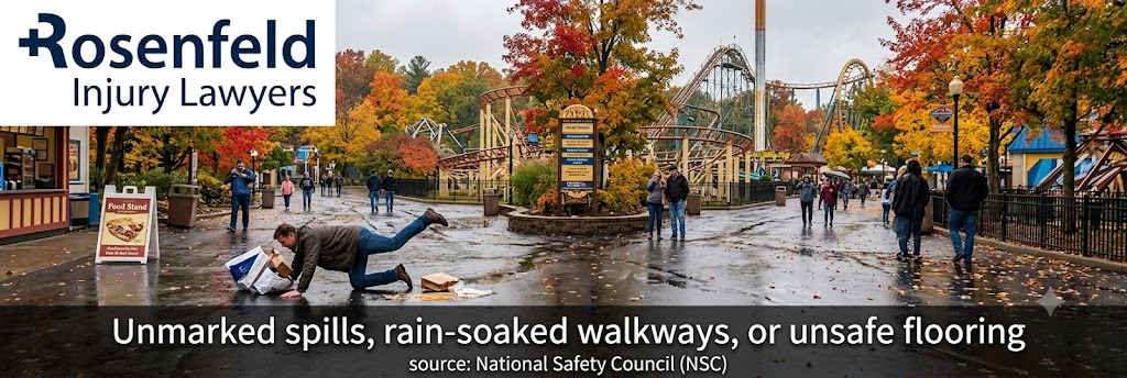 unmarked spills, rain soaked walkways