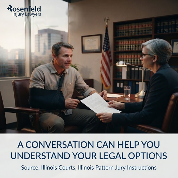 Chicago personal injury lawyer meeting with injured client wearing an arm sling