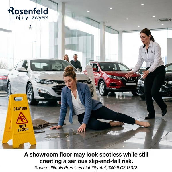 Businesswoman falling on polished car dealership showroom floor, slip and fall claim