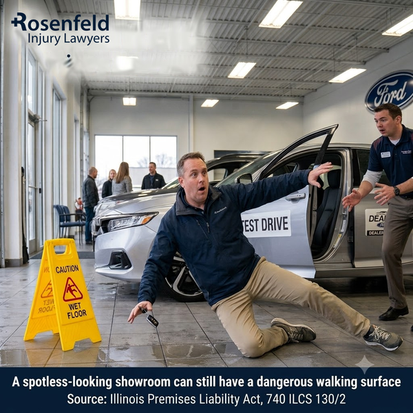 Man slipping near wet floor sign during test drive at car dealership, premises liability claim