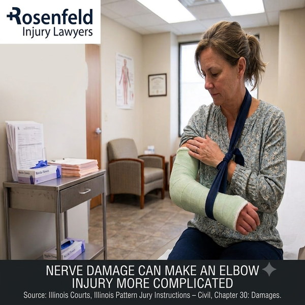 Woman with arm in cast after elbow fracture, Chicago personal injury claim