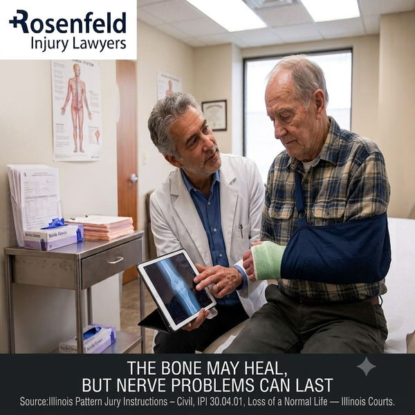 Chicago injury lawyer client with doctor reviewing elbow fracture x-ray for nerve damage