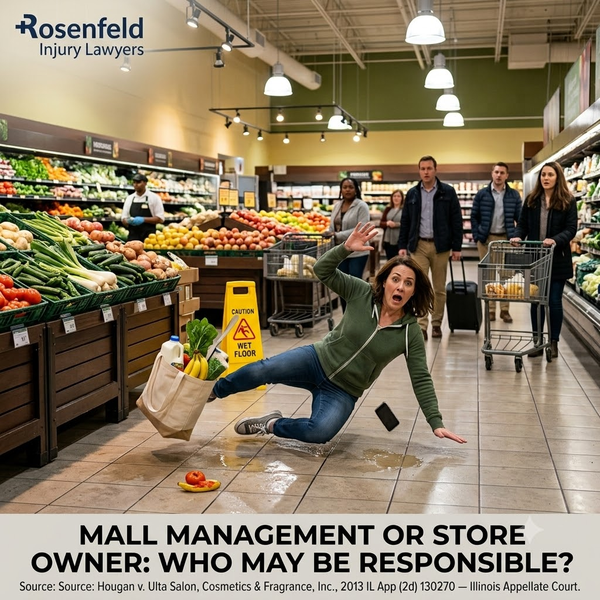Woman slipping on wet floor in grocery store aisle, Illinois premises liability claim