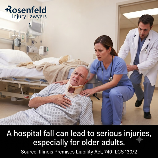 Elderly hospital patient in neck brace with nurse and doctor, hospital fall injury claim