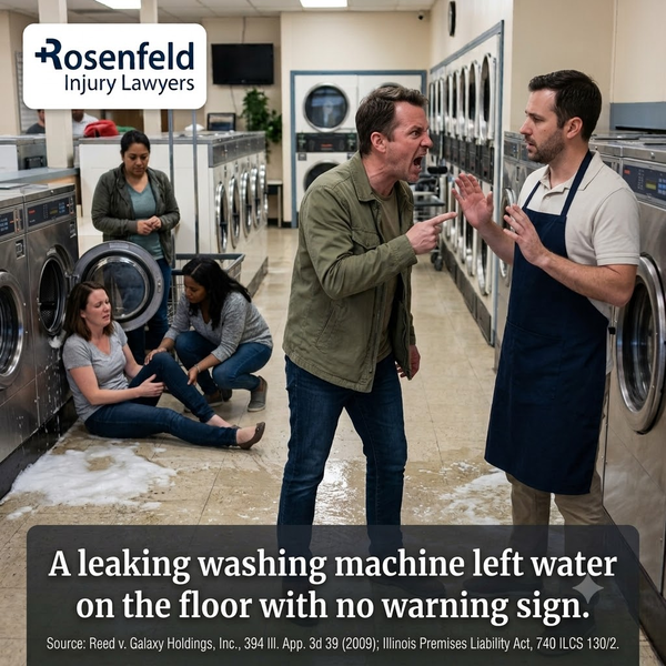 Man confronting laundromat employee after slip and fall from leaking washing machine