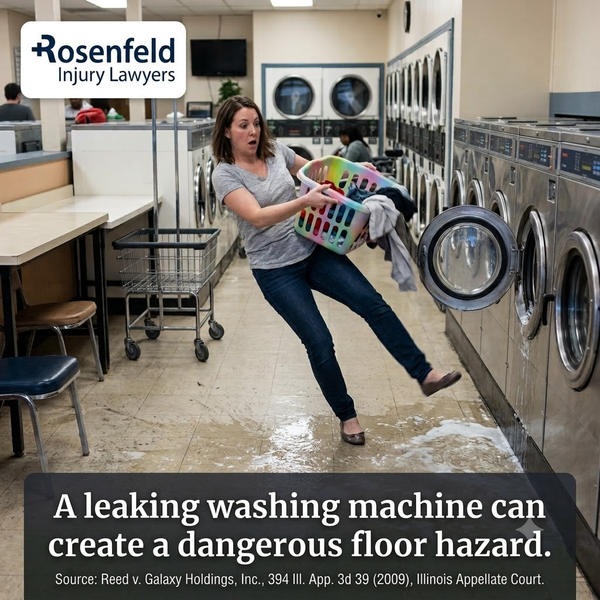 Woman slipping on wet laundromat floor near leaking washing machine, premises liability claim