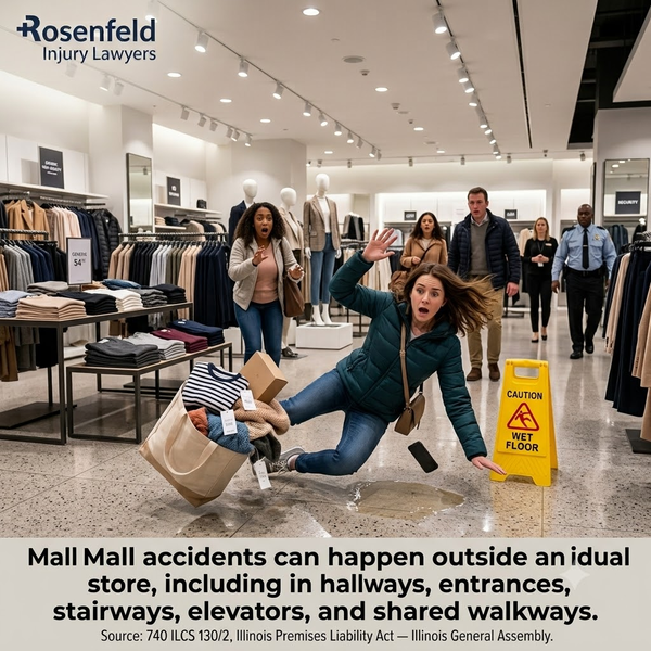 Woman falling near wet floor sign in mall store, mall common area liability claim