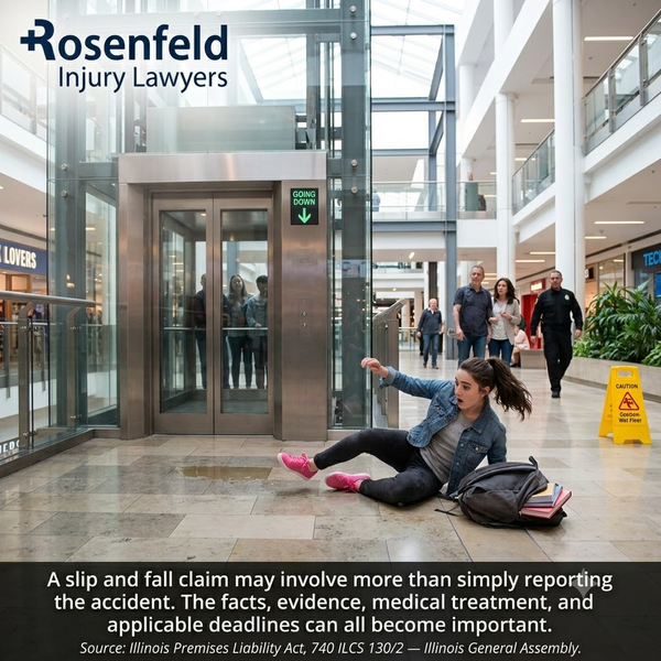 Woman slip and fall accident near wet floor sign in Peoria mall, Illinois premises liability claim