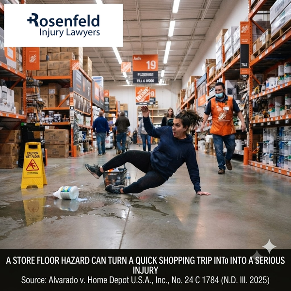 Woman slipping on wet floor in home improvement store, store floor hazard injury claim