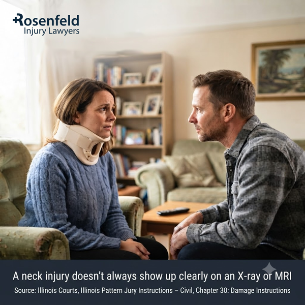 Woman in neck brace talking with husband, whiplash injury claim after car accident